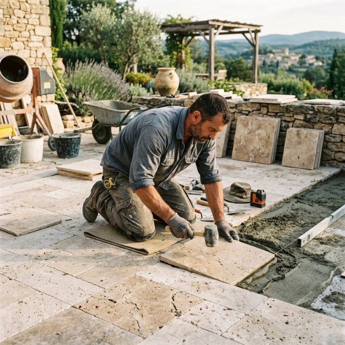 Chantier de pose travertin Fréjus
