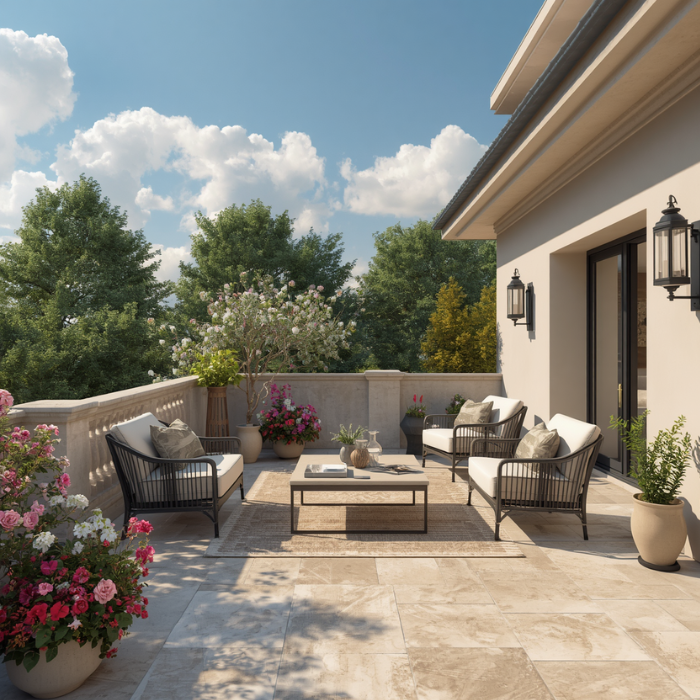 Terrasse en travertin opus Fréjus